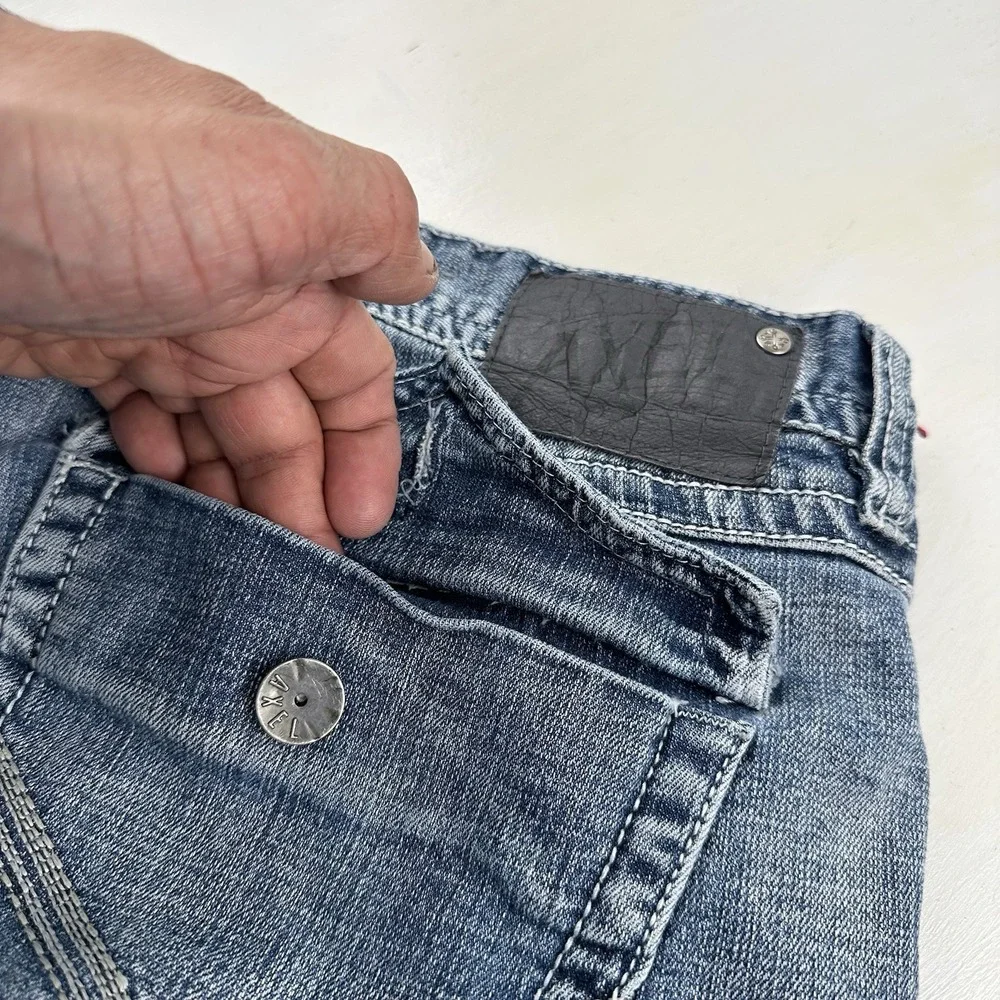 TK Axel Vintage Boot Cut Flap Pockets Jeans Men Fits 38x31 Denim Blue Distressed